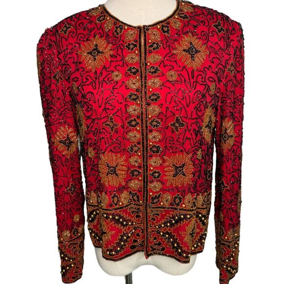 Vintage 90s Adrianna Papell beaded silk evening jacket size medium small S/M - Picture 1 of 8